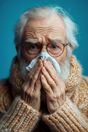 An elderly man is not feeling well, sitting at home on the sofa covered with a blanket, holding a cup with a drink in his hands and wiping his nose with a napkin from a runny noseの素材