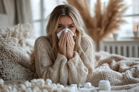 Young said displeased upset woman wear hold napkin blowing nose isolated on plain background studio portrait. ill sick disease treatment cold season concept. The girl sneezes into a handkerchiefの素材