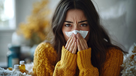 Young said displeased upset woman wear hold napkin blowing nose isolated on plain background studio portrait. ill sick disease treatment cold season concept. The girl sneezes into a handkerchiefの素材
