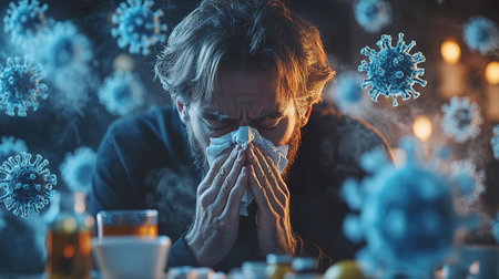 Young man sneezing and having a runny nose allergy sitting on a bench in the daytime outside an office building, hispanic businessman sick with a tissue near his nose.の素材