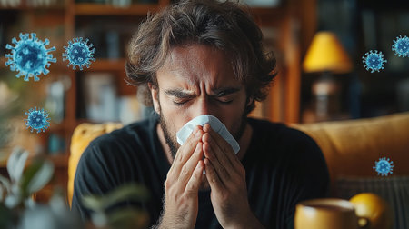 Young man sneezing and having a runny nose allergy sitting on a bench in the daytime outside an office building, hispanic businessman sick with a tissue near his nose.の素材