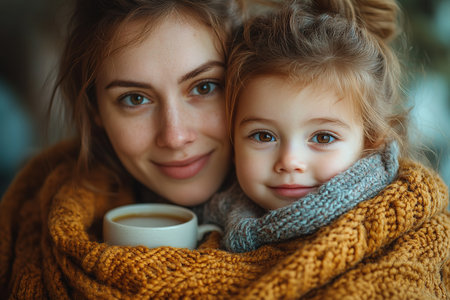 kid with flu or covid illness sleep in bed under blanket with concerned mother on bedside. Child cure at home and parent health care concept.の素材