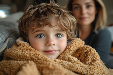 kid with flu or covid illness sleep in bed under blanket with concerned mother on bedside. Child cure at home and parent health care concept.の素材
