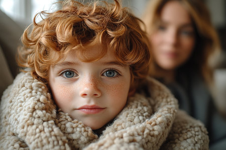 kid with flu or covid illness sleep in bed under blanket with concerned mother on bedside. Child cure at home and parent health care concept.の素材