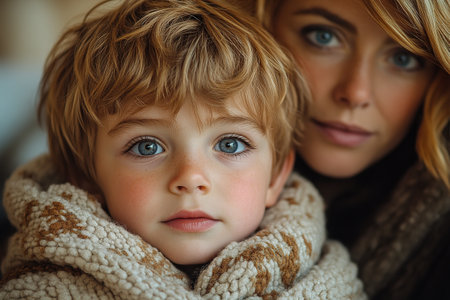 kid with flu or covid illness sleep in bed under blanket with concerned mother on bedside. Child cure at home and parent health care concept.の素材