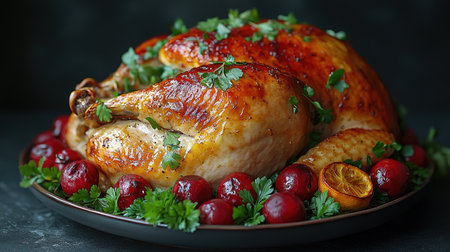 Roasted Turkey: Succulent turkey roasted to perfection with crispy skin, often served with gravy and stuffing, a holiday favorite. Top view with copy space.の素材