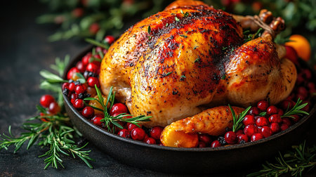 Roasted Turkey: Succulent turkey roasted to perfection with crispy skin, often served with gravy and stuffing, a holiday favorite. Top view with copy space.の素材