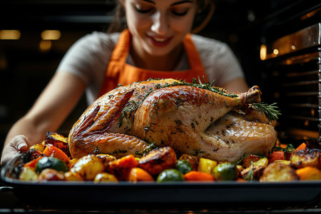 Woman turkey taking out of oven on a kitchen background. Roasted, traditional turkey cooking. Christmas turkey. A woman takes a festive chicken or turkey out of the oven on Thanksgiving day.の素材