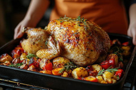Woman turkey taking out of oven on a kitchen background. Roasted, traditional turkey cooking. Christmas turkey. A woman takes a festive chicken or turkey out of the oven on Thanksgiving day.の素材