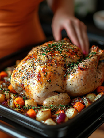 Woman turkey taking out of oven on a kitchen background. Roasted, traditional turkey cooking. Christmas turkey. A woman takes a festive chicken or turkey out of the oven on Thanksgiving day.の素材