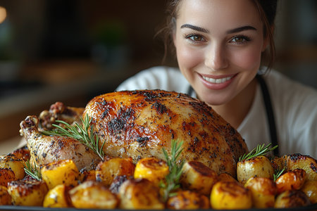 Woman turkey taking out of oven on a kitchen background. Roasted, traditional turkey cooking. Christmas turkey. A woman takes a festive chicken or turkey out of the oven on Thanksgiving day.の素材