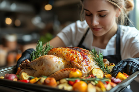 Woman turkey taking out of oven on a kitchen background. Roasted, traditional turkey cooking. Christmas turkey. A woman takes a festive chicken or turkey out of the oven on Thanksgiving day.の素材