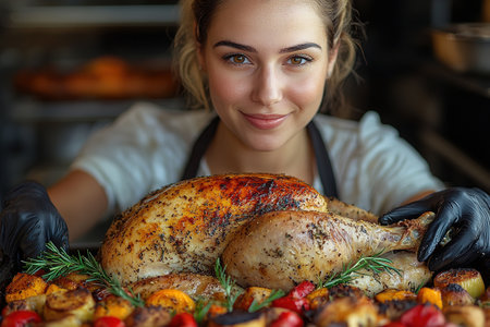 Woman turkey taking out of oven on a kitchen background. Roasted, traditional turkey cooking. Christmas turkey. A woman takes a festive chicken or turkey out of the oven on Thanksgiving day.の素材
