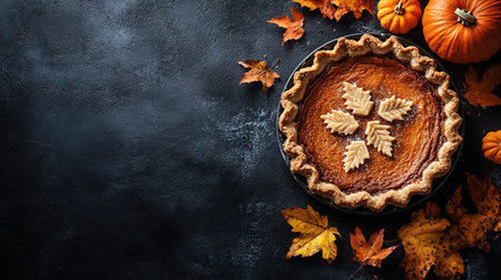 Pumpkin Pie with whipped cream and cinnamon on rustic background, top view. Homemade pastry for Thanksgiving traditional Pumpkin Pie.の素材