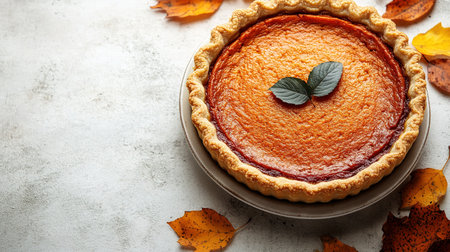Pumpkin Pie with whipped cream and cinnamon on rustic background, top view. Homemade pastry for Thanksgiving traditional Pumpkin Pie.の素材