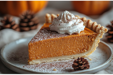 Pumpkin pie, tart made for Thanksgiving day with whipped cream on a white plate. Gray stone background.の素材