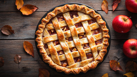 Apple pie decorated with lattice overhead shot, fall baking concept.の素材