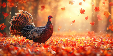 Happy Thanksgiving Day Food Autumn Fall Season with cartoon turkey and pumpkins.の素材