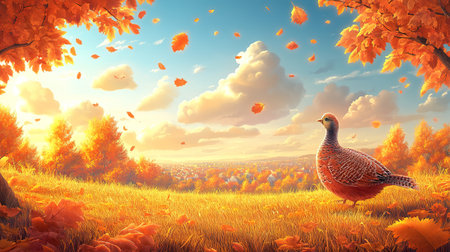 Happy Thanksgiving Day Food Autumn Fall Season with cartoon turkey and pumpkins.の素材