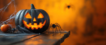 Halloween jack o lantern pumpkin with cobwebs and spiders on wooden table over orange wall background. Holiday mock up for design and product display.の素材