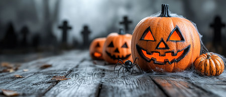 Carved Halloween pumpkins with spiders and cobwebs. Jack-o-lantern burning candles and autumn leaves on table at cemetery.の素材