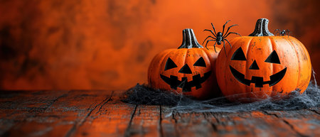 Halloween jack o lantern pumpkin with cobwebs and spiders on wooden table over orange wall background. Holiday mock up for design and product displayの素材