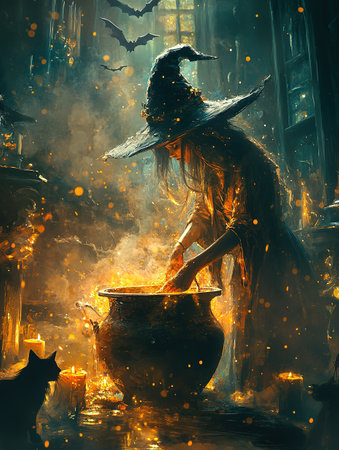 Halloween night background. The witch is brewing a potion in a cauldron on the background of a full moon over the castleの素材