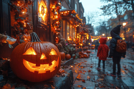 Kids trick or treat in Halloween costume. Happy Halloween. three running kids with a basket for sweetsの素材