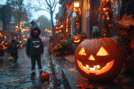 Kids trick or treat in Halloween costume. Happy Halloween. three running kids with a basket for sweetsの素材