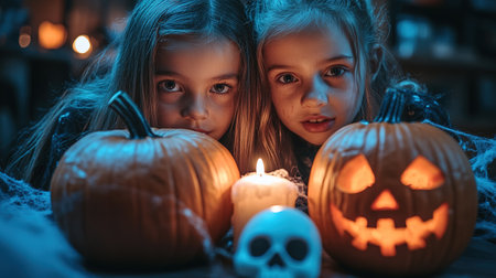 Kids trick or treat in Halloween costume. Happy Halloween. three running kids with a basket for sweetsの素材