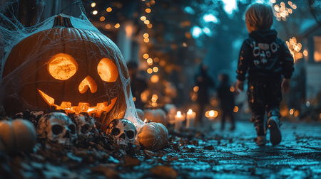 Kids trick or treat in Halloween costume. Happy Halloween. three running kids with a basket for sweetsの素材