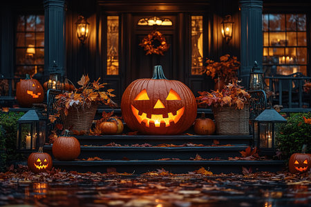 Halloween pumpkin decorations. Pumpkin for decorated house. Halloween Decorated at front yard of a American home. Halloween decorated front door with pumpkins.の素材