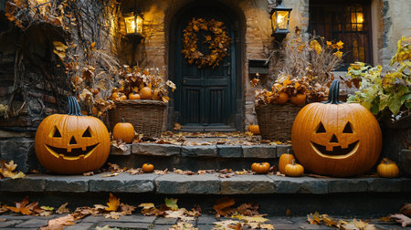 Halloween pumpkin decorations. Pumpkin for decorated house. Halloween Decorated at front yard of a American home. Halloween decorated front door with pumpkins.の素材