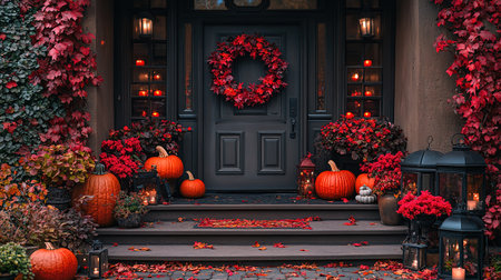 Halloween pumpkin decorations. Pumpkin for decorated house. Halloween Decorated at front yard of an American home. Halloween decorated front door with pumpkins. Autumn holiday of Halloween.の素材
