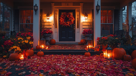 Halloween pumpkin decorations. Pumpkin for decorated house. Halloween Decorated at front yard of an American home. Halloween decorated front door with pumpkins. Autumn holiday of Halloween.の素材
