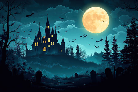 Scary Gothic castle on Halloween night, haunted palace or mansion for dark blue background. Spooky view of old mystery castle and bats in full moon. Horror scene with big glowy house, fantasy place.の素材