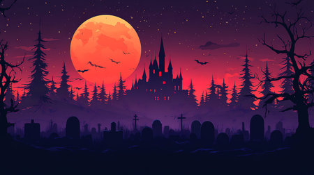Scary Gothic castle on Halloween night, haunted palace or mansion for dark blue background. Spooky view of old mystery castle and bats in full moon. Horror scene with big glowy house, fantasy place.の素材