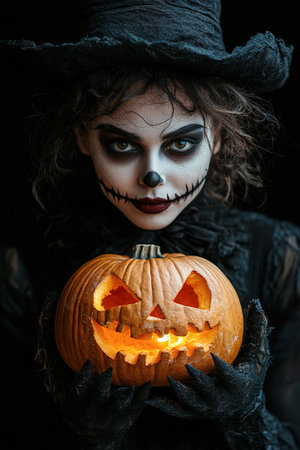 Sexy brunette woman in Halloween makeup and lingerie holds a pumpkin on black background. Halloween concept.の素材