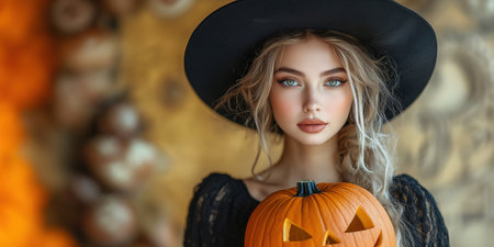 Portrait of woman at Halloween party as dead witch with funny and silly expression on her face. Young woman with bloody make-up holds glowing pumpkin covered with spider webs on orange background.の素材