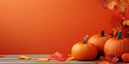 Fresh ripe pumpkin on orange background. Space for text mockup Halloween concept.の素材