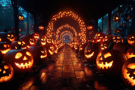 Walking Through a Dark Cave, Candles Set Up Inside and the Pumpkin Glows on Halloween Night. Traditional Halloween Symbol.の素材
