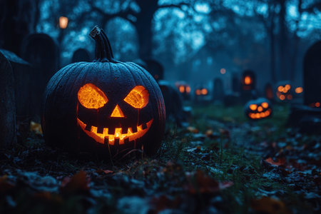 Abandoned scary house near the cemetery in the forest with pumpkins, a full moon, bats and fog. Pumpkins In Graveyard In The Spooky Night, Halloween Backdrop.の素材
