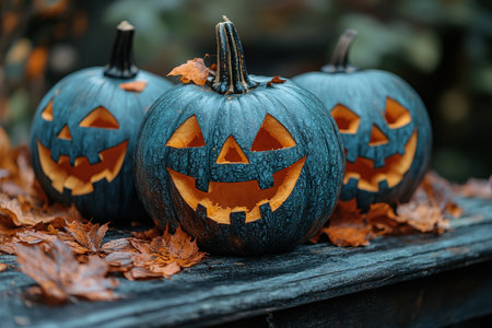 Spooky Halloween pumpkins in the forest. Scary halloween background with free space for text. Jack-o-lantern on a wooden table.の素材