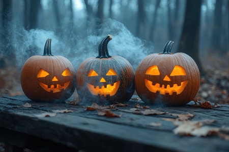 Spooky Halloween pumpkins in the forest. Scary halloween background with free space for text. Jack-o-lantern on a wooden table.の素材