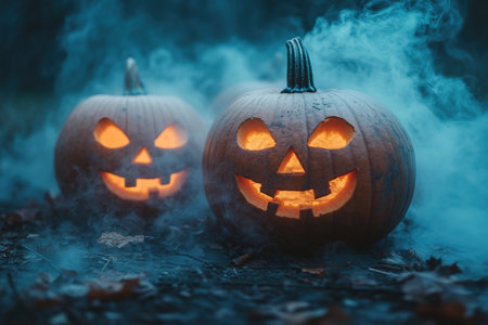 Spooky Halloween pumpkins in the forest. Scary halloween background with free space for text. Jack-o-lantern on a wooden table.の素材