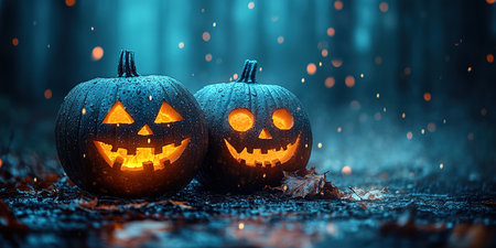 Spooky Halloween pumpkins in the forest. Scary halloween background with free space for text. Jack-o-lantern on a wooden table.の素材