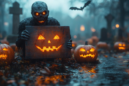 Pumpkin zombie with an empty wooden plaque Rising Out Of A Graveyard cemetery and church In Spooky scary dark Night full moon bats on tree. Holiday event halloween banner background concept.の素材