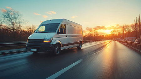 White modern delivery small shipment cargo courier van moving fast on motorway road to city urban suburb.の素材
