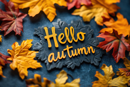 Hello Autumn white chalk lettering on blackboard. Autumn seasonal flat lay photo on wooden background. Hello Autumn inscription with orange leaf frame. Fall season banner template. Yellow leaf texture.の素材