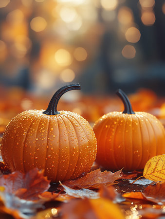 Autumn Thanksgiving day background. Halloween Pumpkins, patch. Beauty Holiday autumn festival concept. Fall scene. Orange pumpkin over beauty bright autumnal nature background. Harvest.の素材